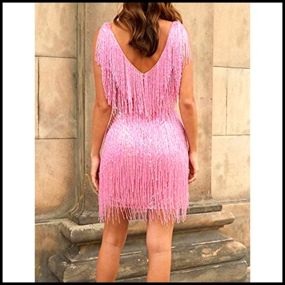 Sequin Fringe Flapper Dress V-Neck Backless Gatsby Party Evening Gown - Picture 4 of 5